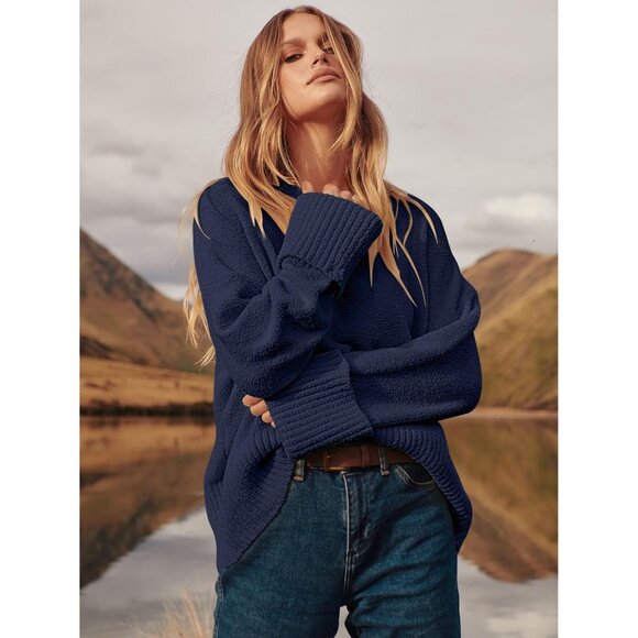 Women's Oversized Sweater Fuzzy Navy Blue Long Sleeve Casual Chunky Pullover - Picture 4 of 8